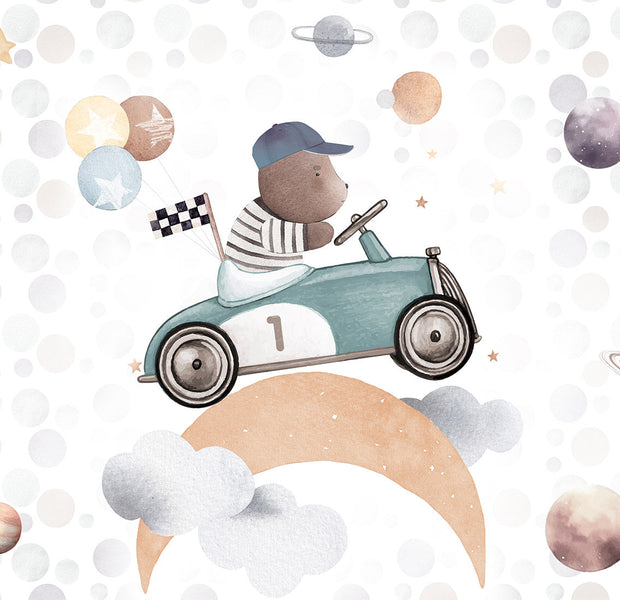 Kids Wallpaper Wall Mural - Teddy Bear in a Racing Car