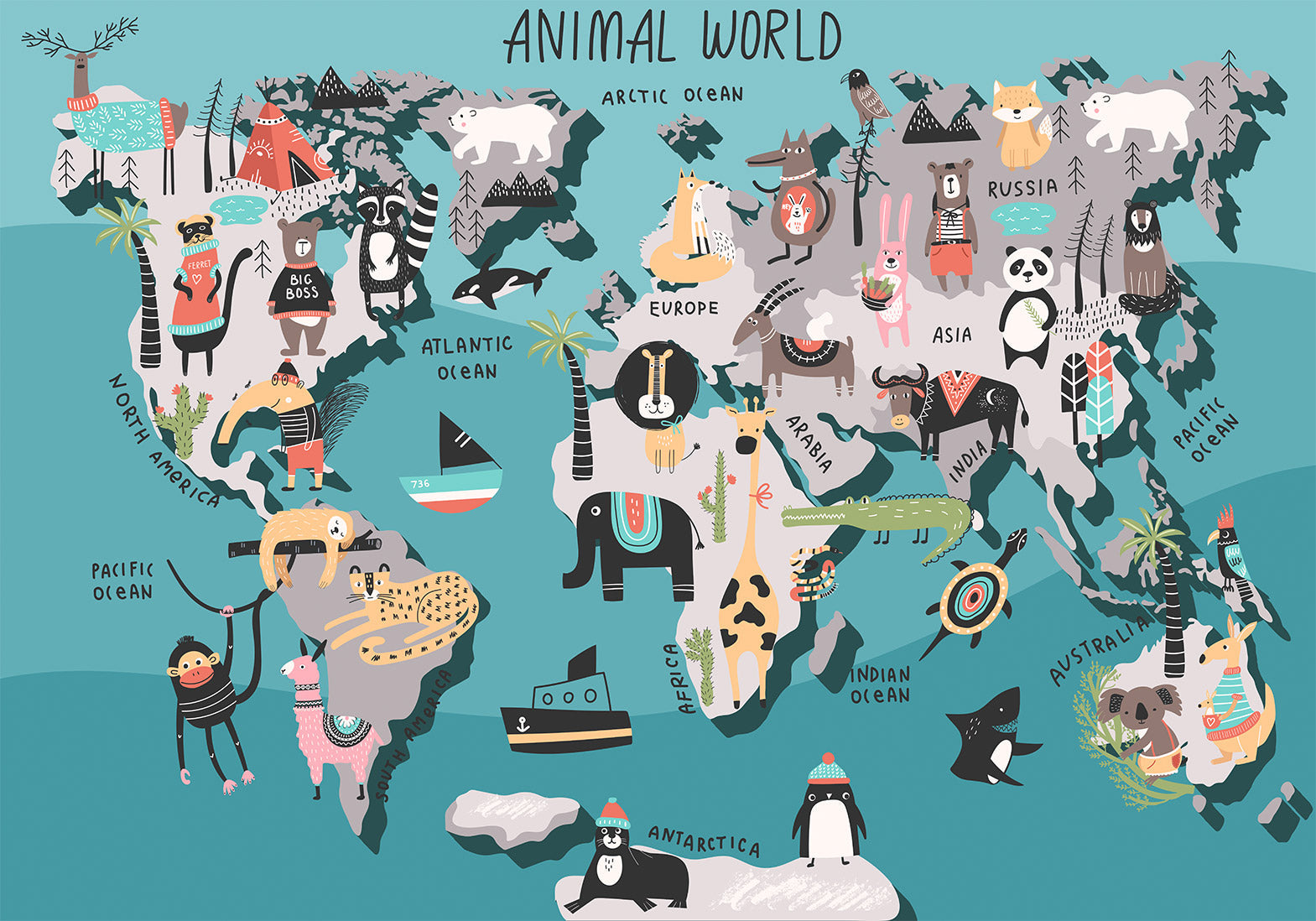 Kids Wallpaper Wall Mural - World Map With Animals