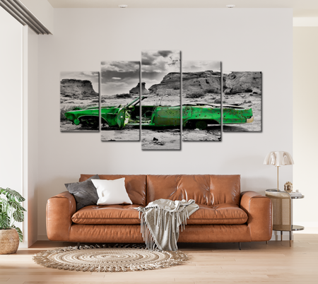 Landscape Canvas Wall Art - Old Green Car In Desert - 5 Pieces