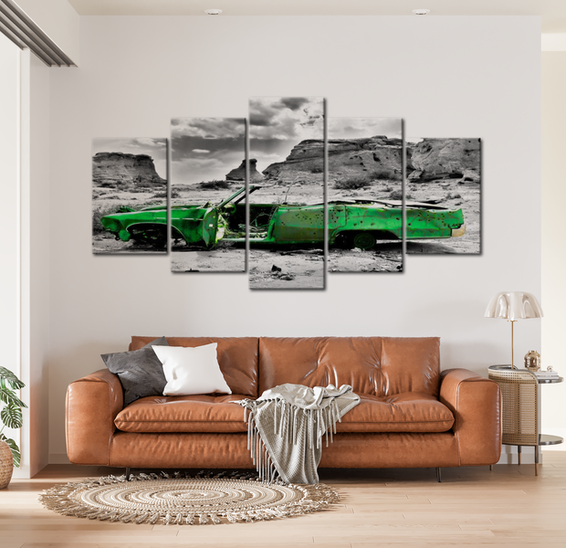 Landscape Canvas Wall Art - Old Green Car In Desert - 5 Pieces