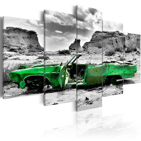 Stretched Canvas Places - Green Retro Car At Colorado Desert-Tiptophomedecor