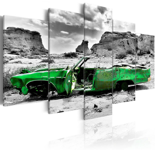 Stretched Canvas Places - Green Retro Car At Colorado Desert-Tiptophomedecor