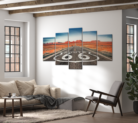 Landscape Canvas Wall Art - Route 66 In The Dessert - 5 Pieces