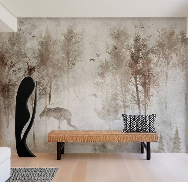 Landscape Wallpaper Wall Mural - Birds In Foggy Forest 39"Wx27"H / Regular
