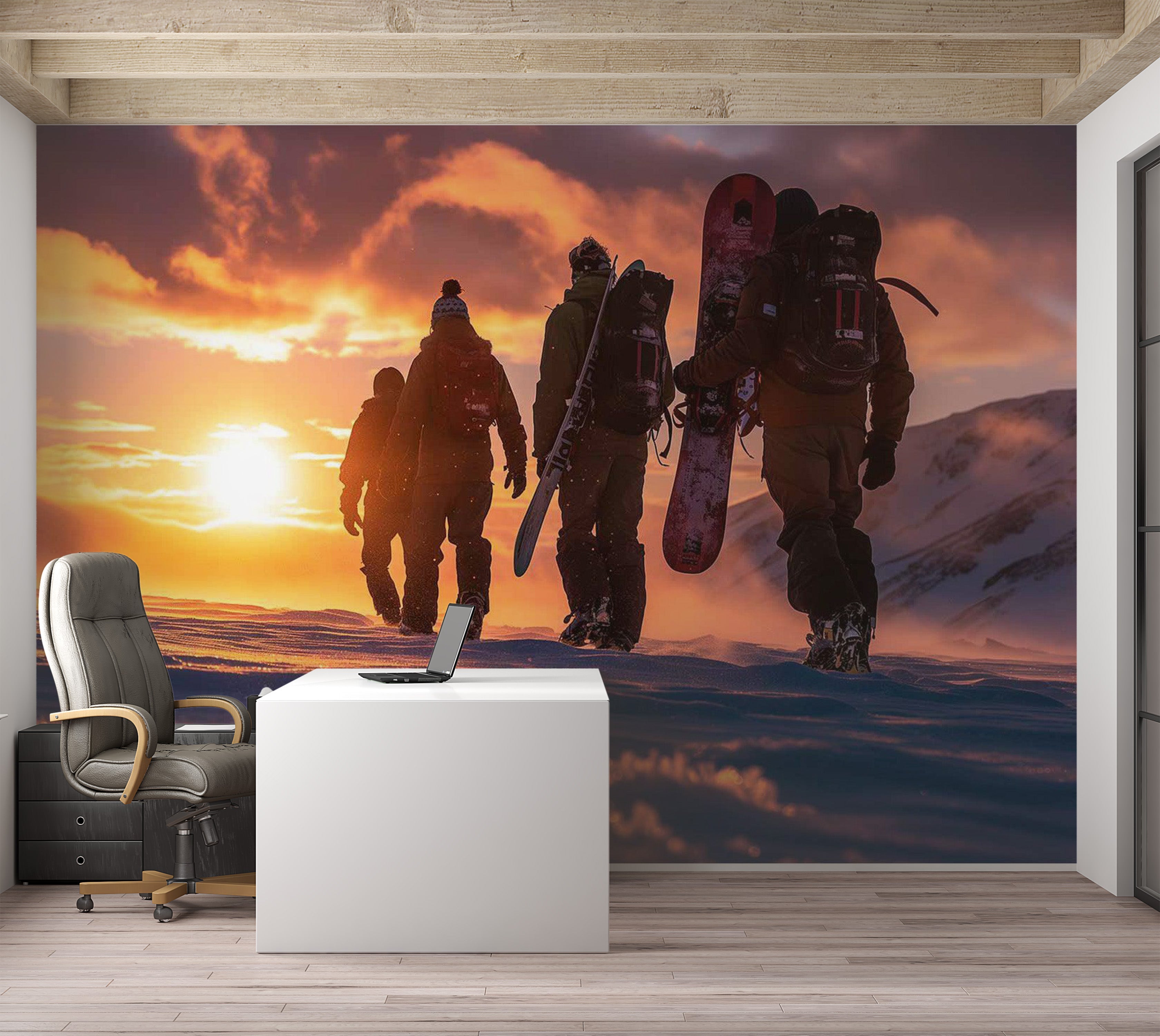 Landscape Wallpaper Wall Mural - Snowboarders At Sunrise