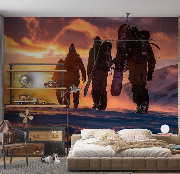 Landscape Wallpaper Wall Mural - Snowboarders At Sunrise