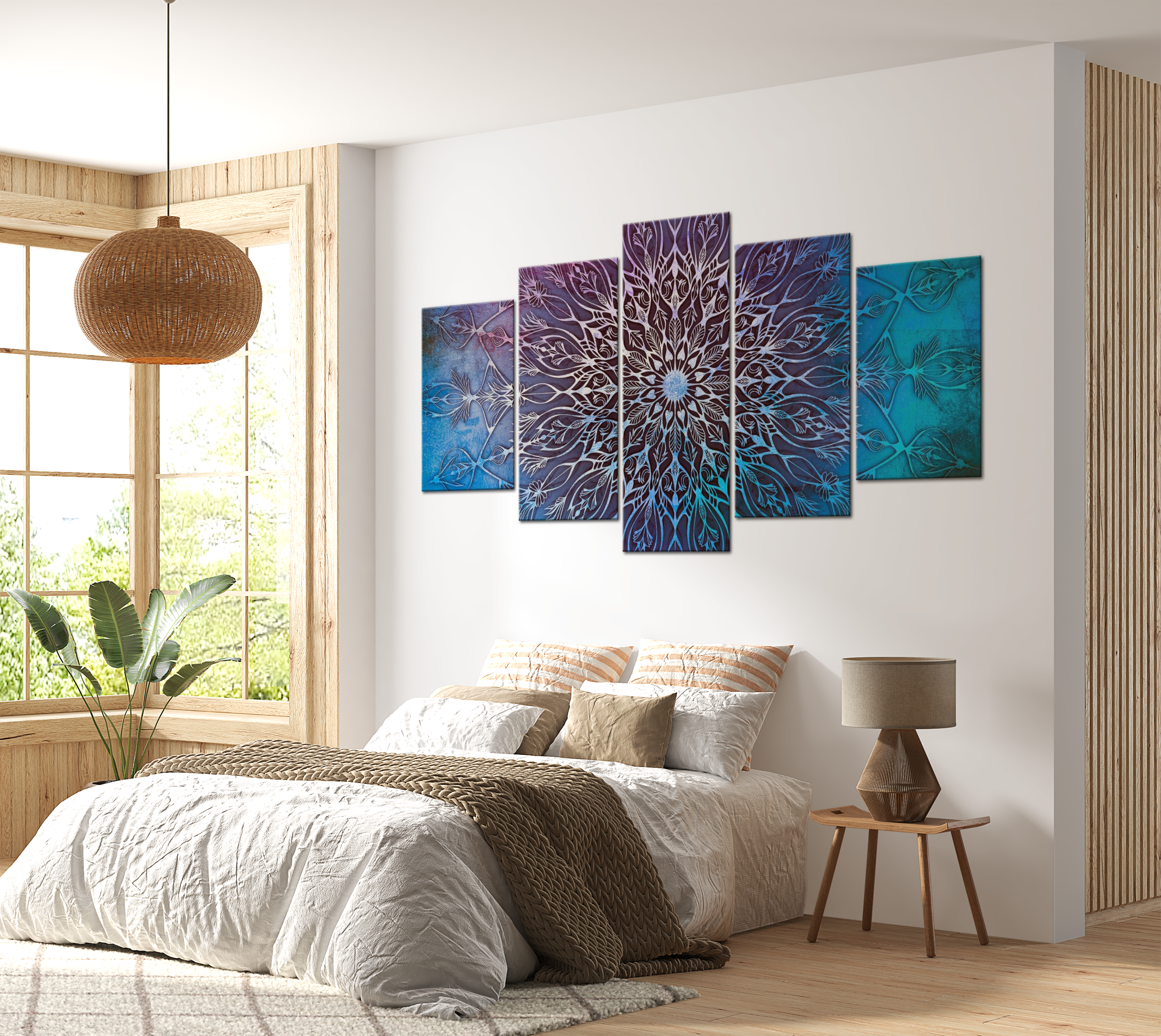 Mandala Canvas Wall Art - Blue Circle - 5 Pieces