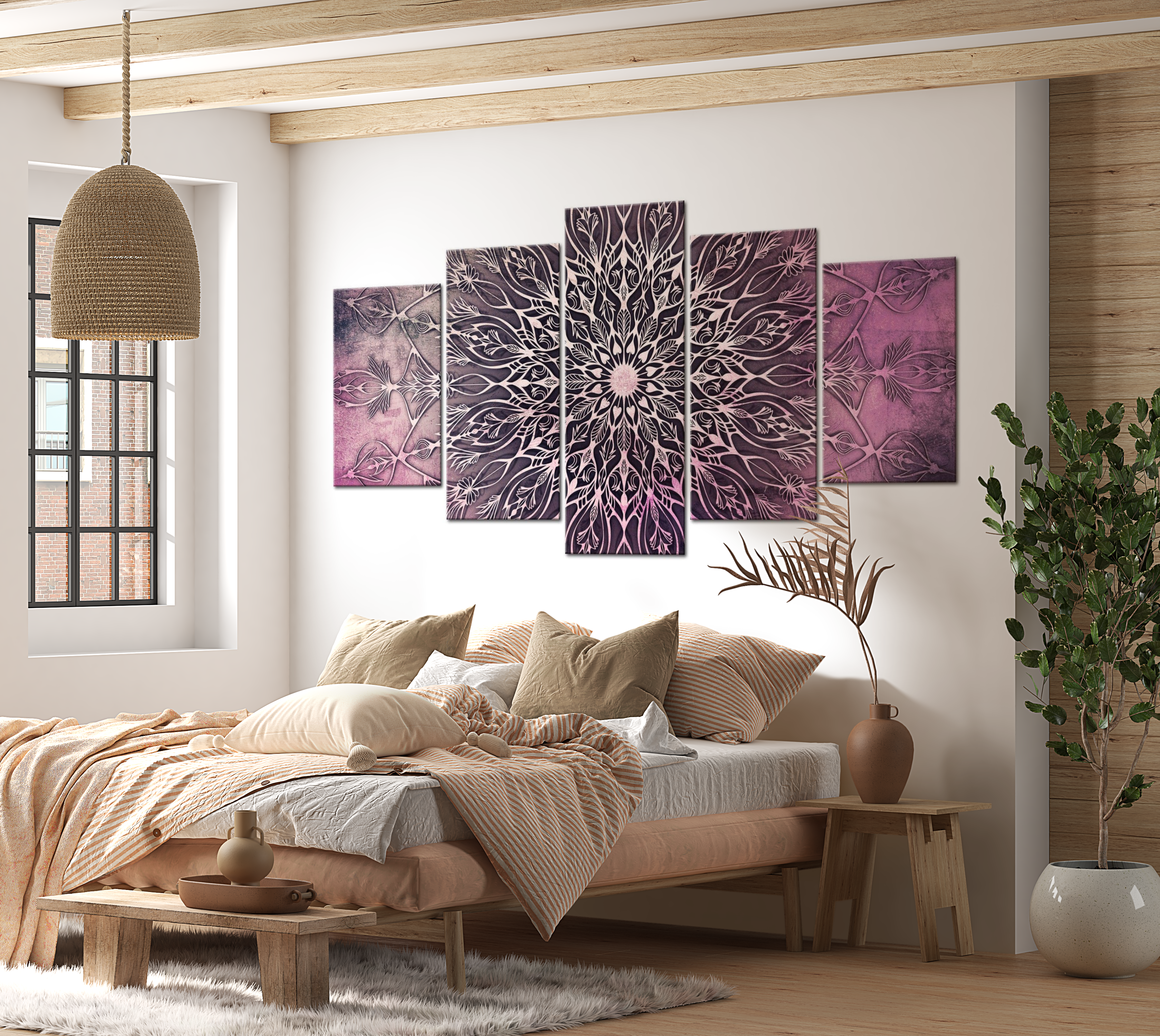 Mandala Canvas Wall Art - Center Pink - 5 Pieces