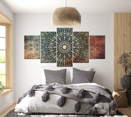 Mandala Canvas Wall Art - Green Orange Spiritual Symbol - 5 Pieces
