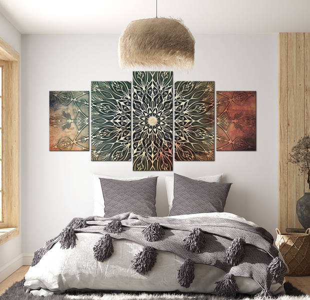 Mandala Canvas Wall Art - Green Orange Spiritual Symbol - 5 Pieces