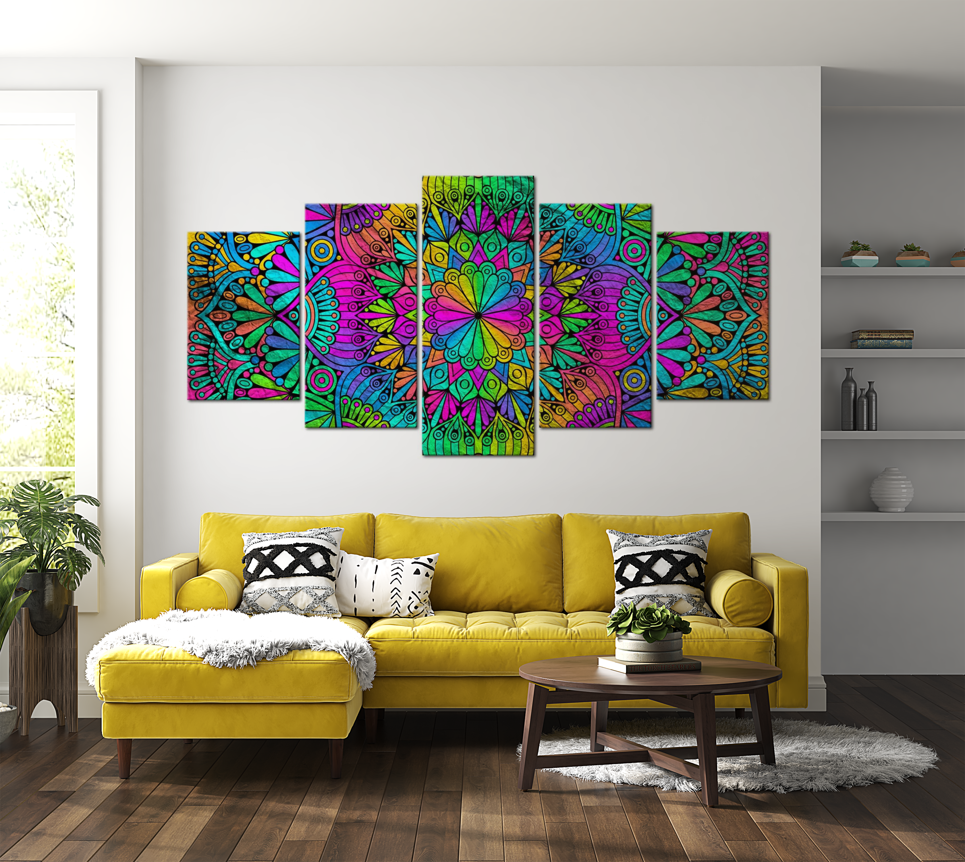 Mandala Canvas Wall Art - Peacock Feathers - 5 Pieces