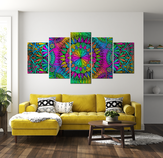 Mandala Canvas Wall Art - Peacock Feathers - 5 Pieces