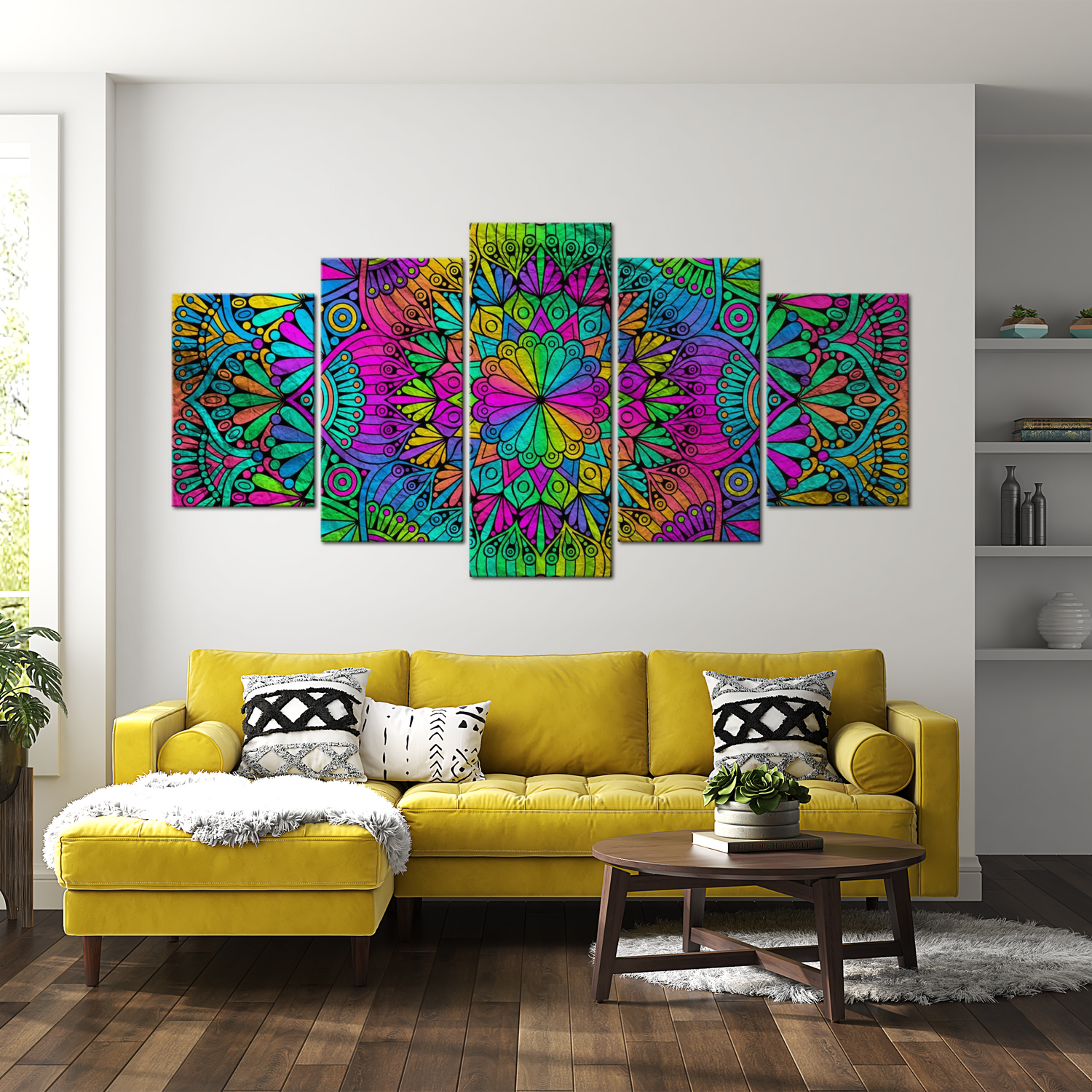 Stretched Canvas Zen Art - Mandala Peacock Feathers 40"Wx20"H