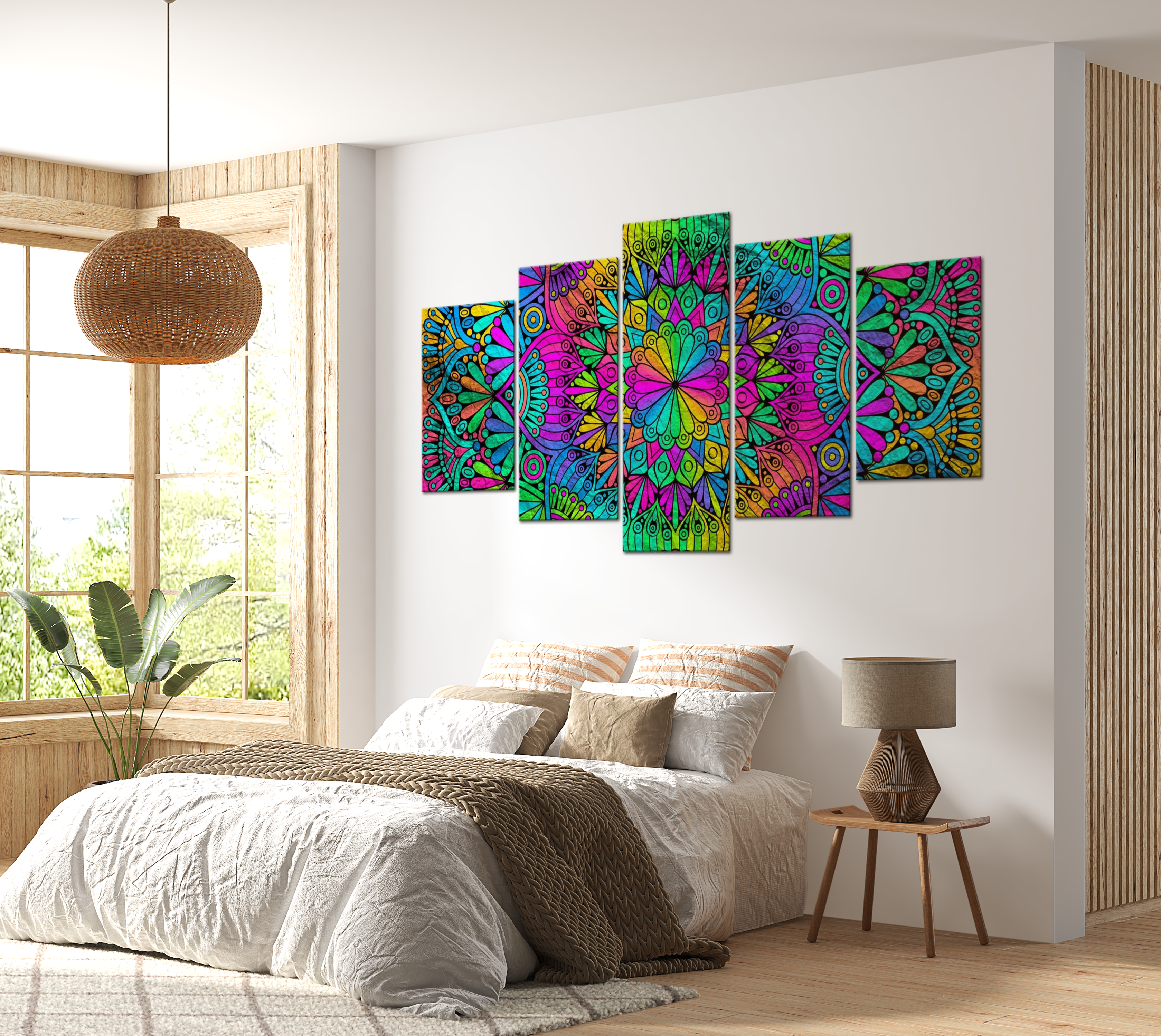 Stretched Canvas Zen Art - Mandala Peacock Feathers 40"Wx20"H