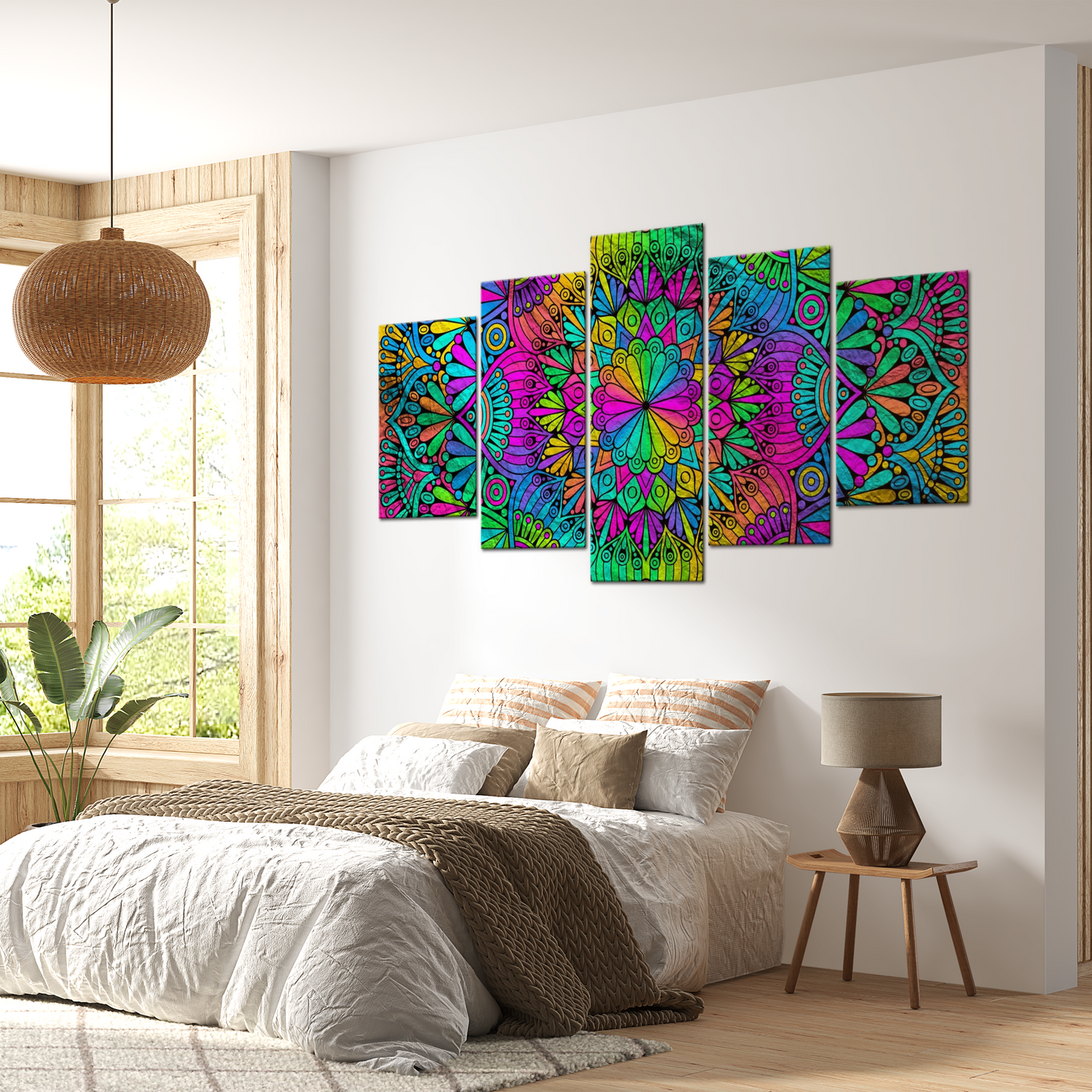 Stretched Canvas Zen Art - Mandala Peacock Feathers 40"Wx20"H