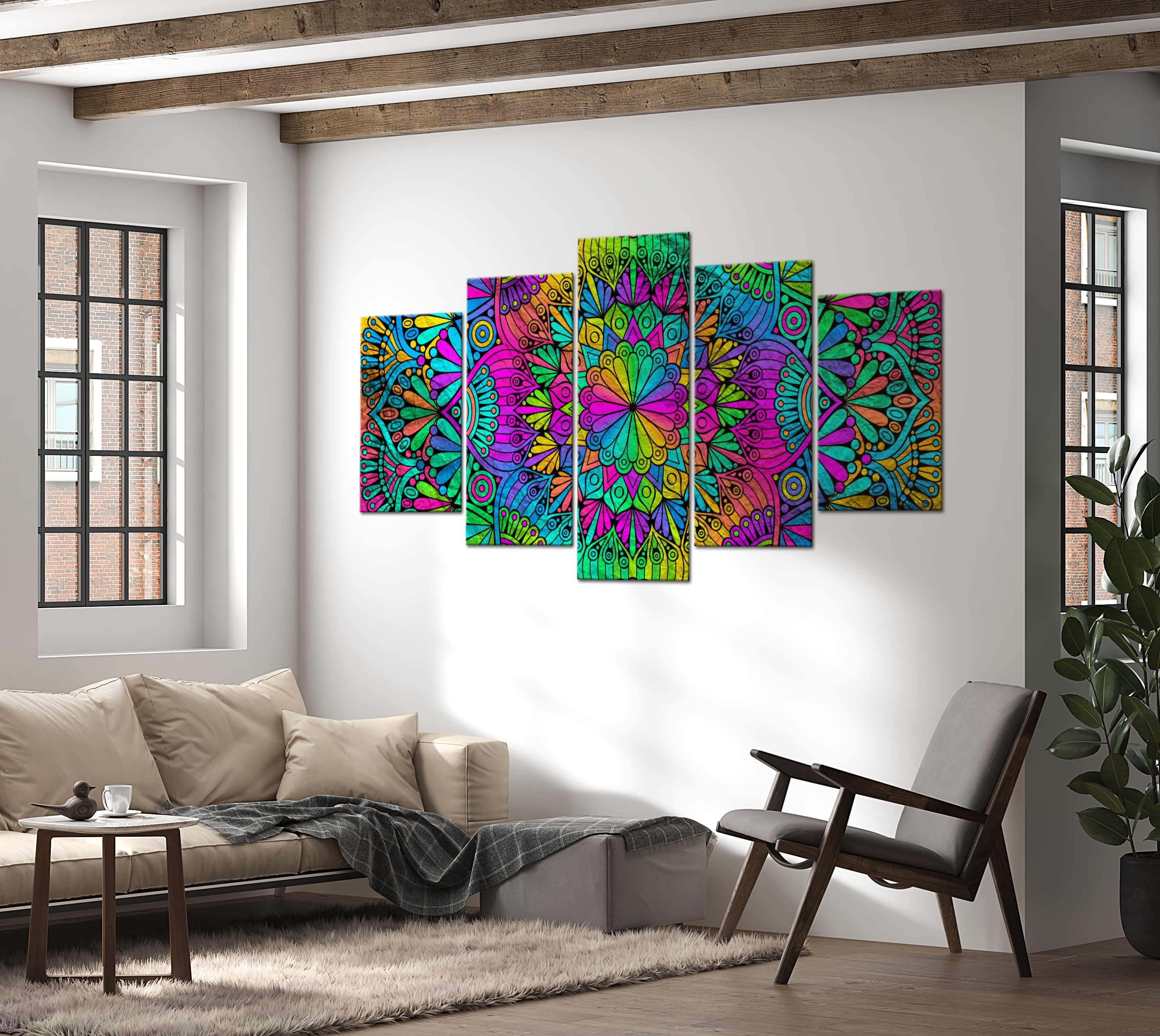 Stretched Canvas Zen Art - Mandala Peacock Feathers 40"Wx20"H