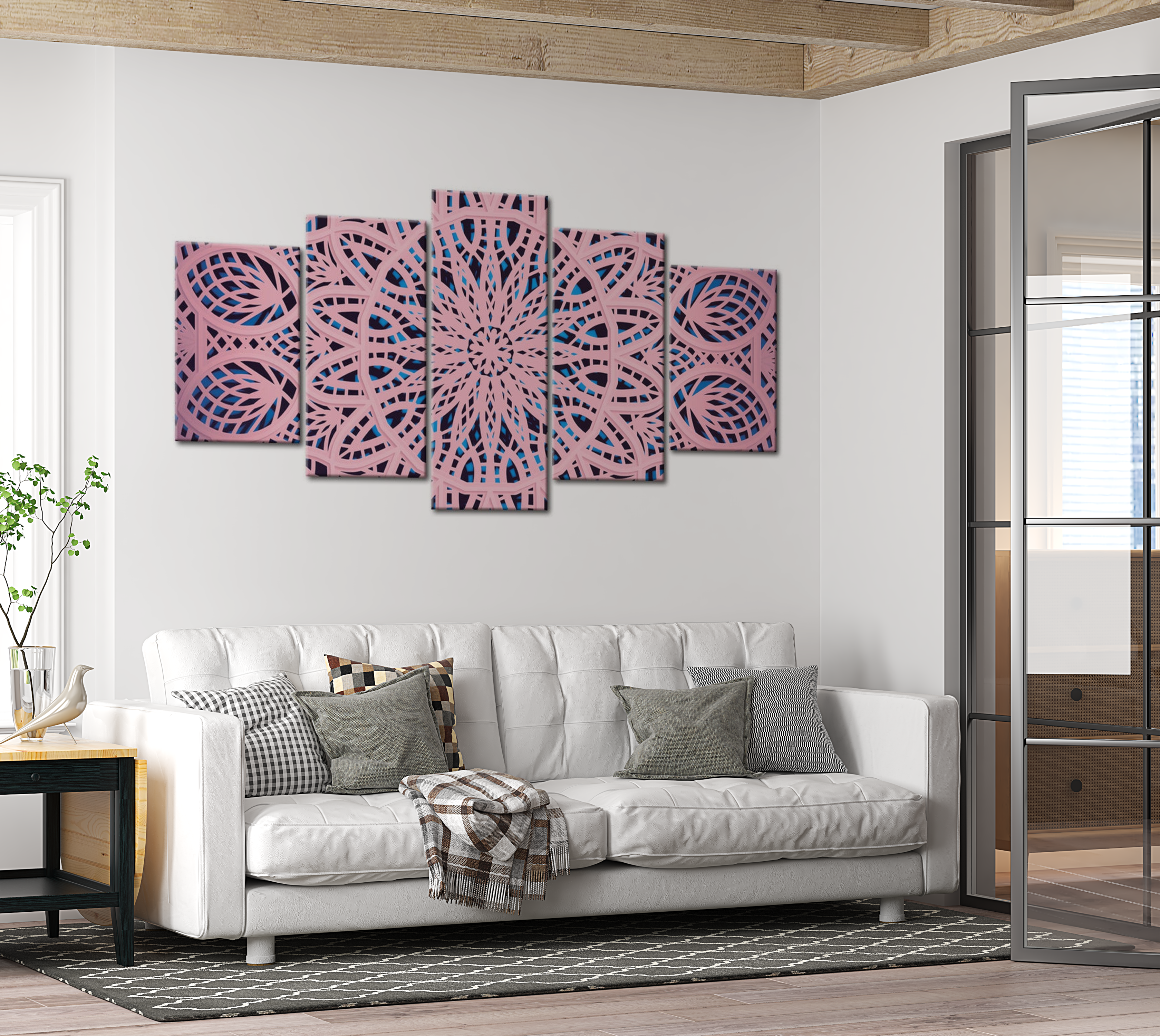 Mandala Canvas Wall Art - Pink Lines - 5 Pieces