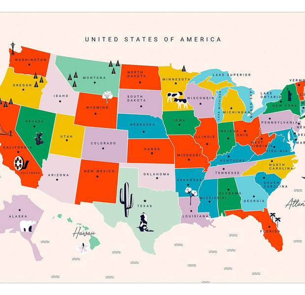 Map Wallpaper Wall Mural - US Map With State Names