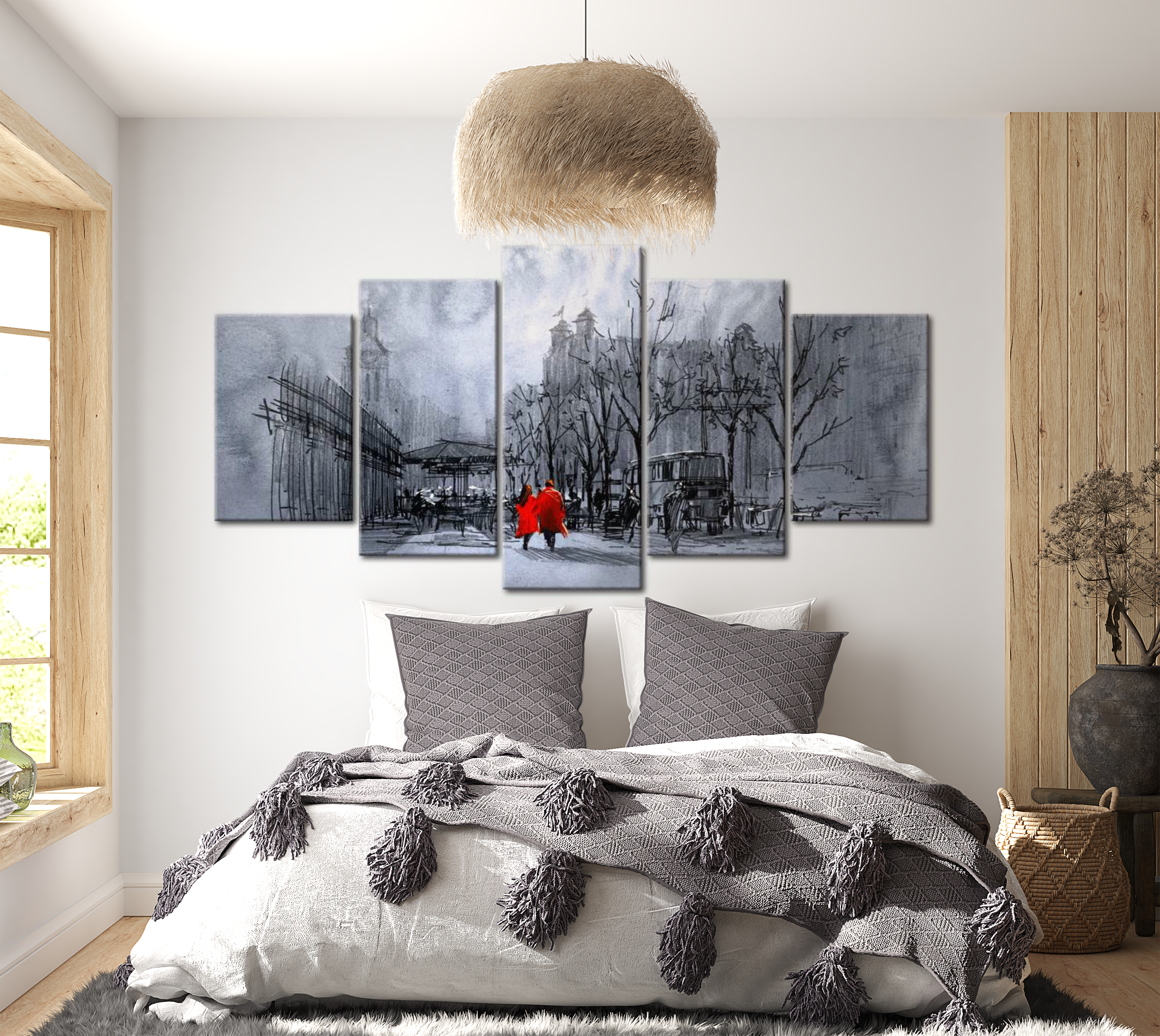 Modern Canvas Wall Art - City Walk Red - 5 Pieces