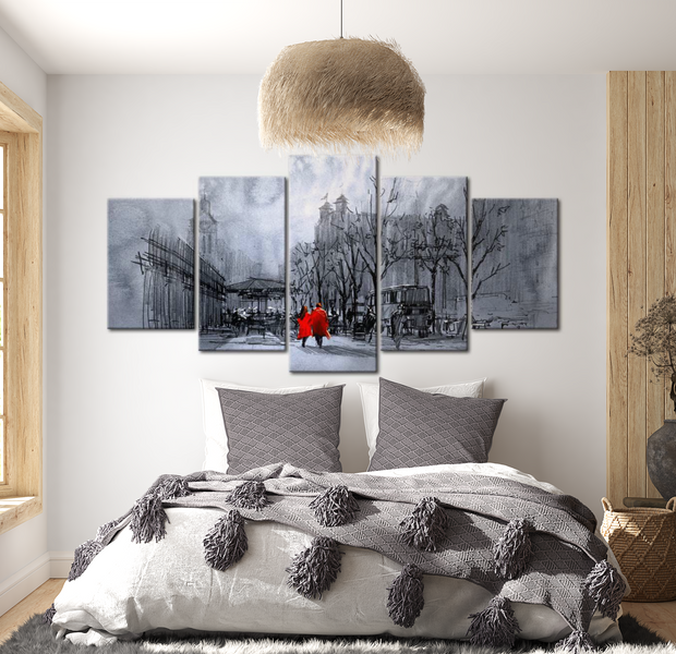 Modern Canvas Wall Art - City Walk Red - 5 Pieces