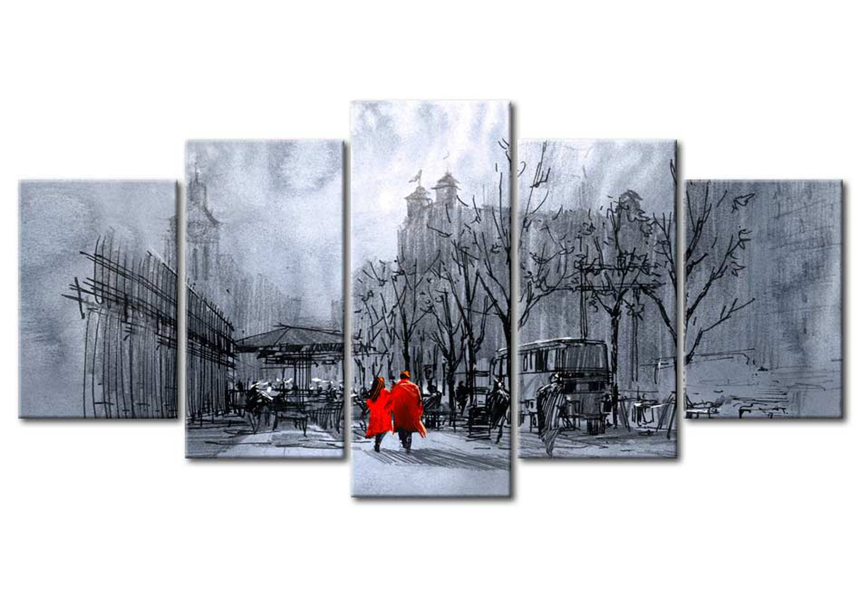 Modern Canvas Wall Art - City Walk Red - 5 Pieces