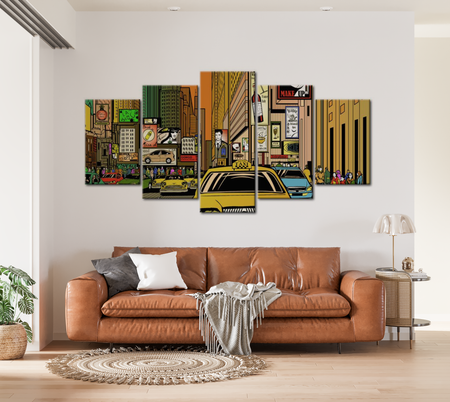 Modern Canvas Wall Art - New York City Cartoon - 5 Pieces