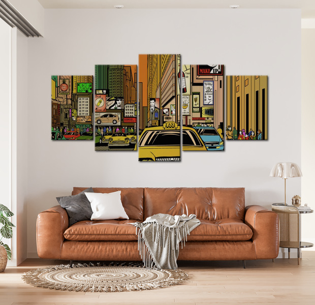 Modern Canvas Wall Art - New York City Cartoon - 5 Pieces