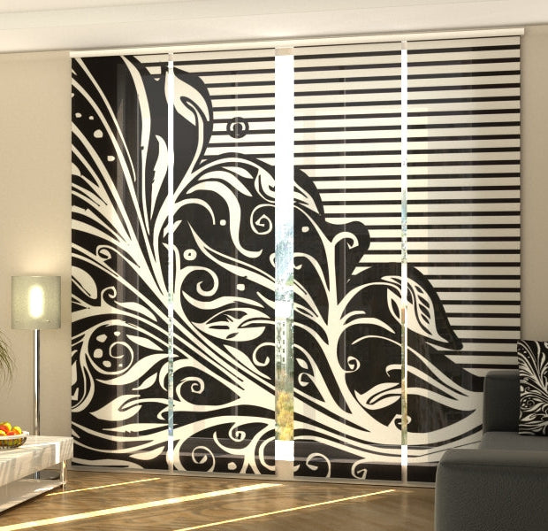 Set of 4 Panel Track Blinds - Abstract Floral in Black and White