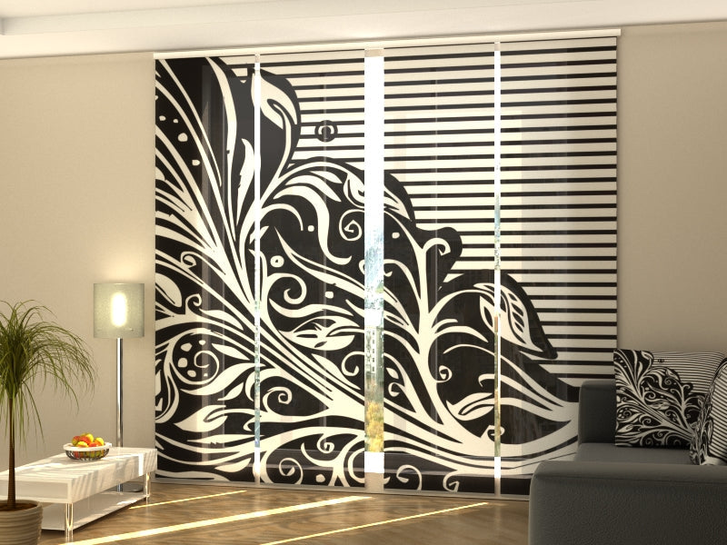 Set of 4 Panel Track Blinds - Abstract Floral in Black and White