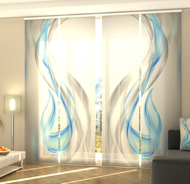 Set of 4 Panel Track Blinds - Abstract Gray and Blue Waves