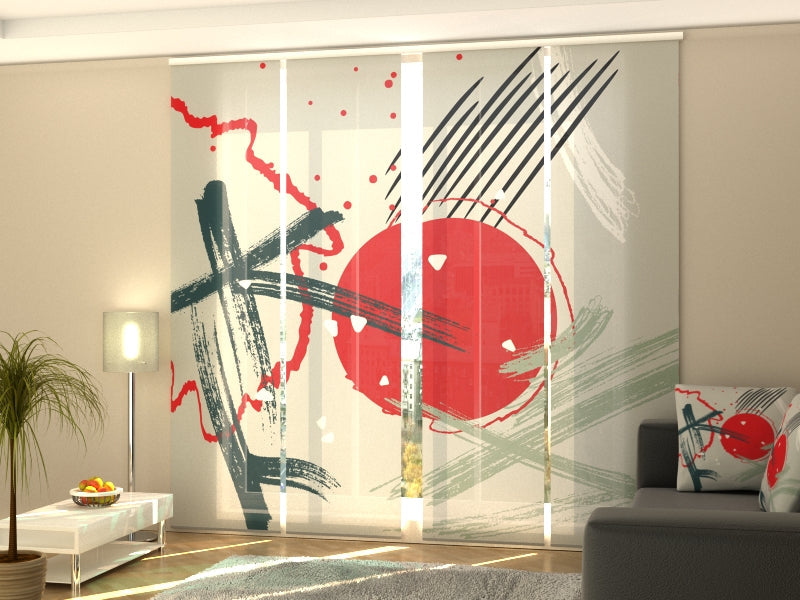 Set of 4 Panel Track Blinds - Abstract Red Chinese Sun