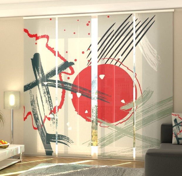 Set of 4 Panel Track Blinds - Abstract Red Chinese Sun
