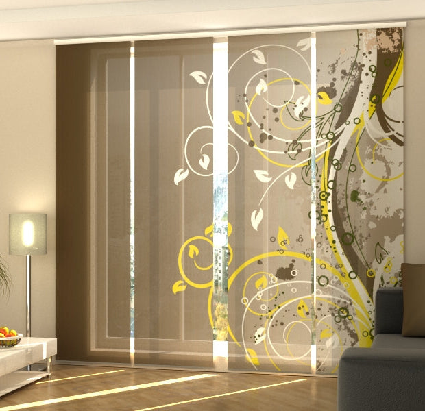 Set of 4 Panel Track Blinds - Art Floral on Brown Background