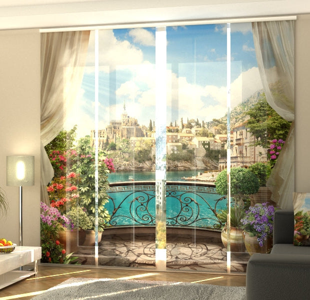 Set of 4 Panel Track Blinds - Balcony with Flowers