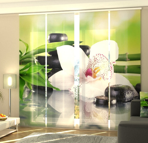 Set of 4 Panel Track Blinds - Bamboo Branches and White Orchid