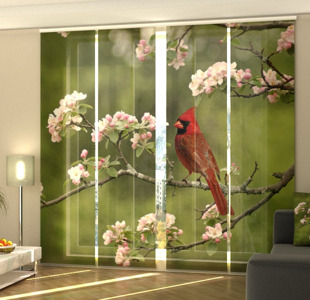 Set of 4 Panel Track Blinds - Bird Cardinal on a Spring Twig