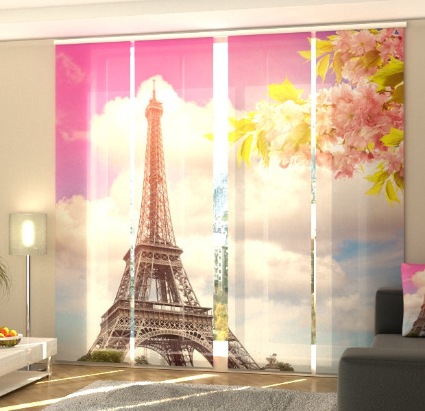 Set of 4 Panel Track Blinds - Blossoming Spring Cherry and Eiffel Tower