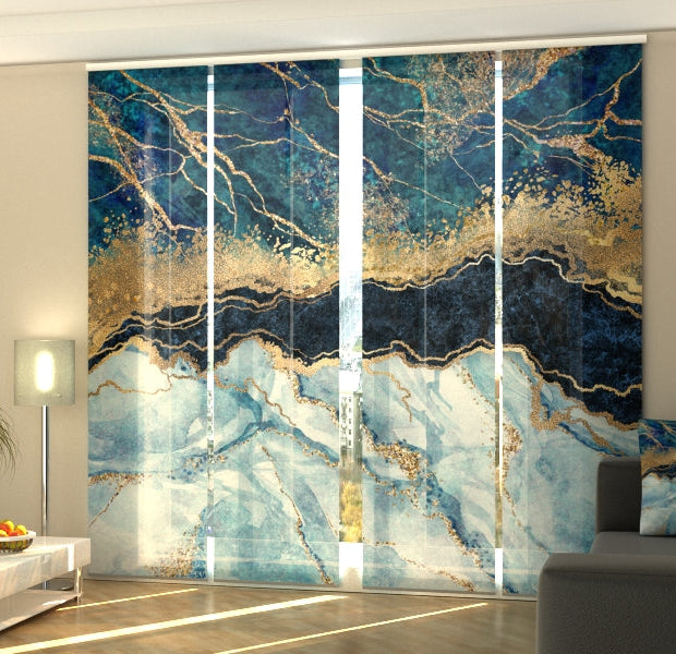 Set of 4 Panel Track Blinds - Blue Marble with Golden Glitter