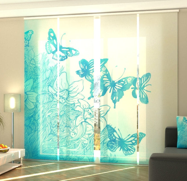 Set of 4 Panel Track Blinds - Blue Watercolor Floral and Butterflies