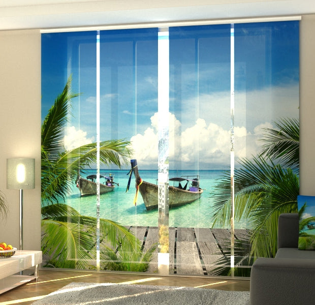 Set of 4 Panel Track Blinds - Boats on Tropical Coast