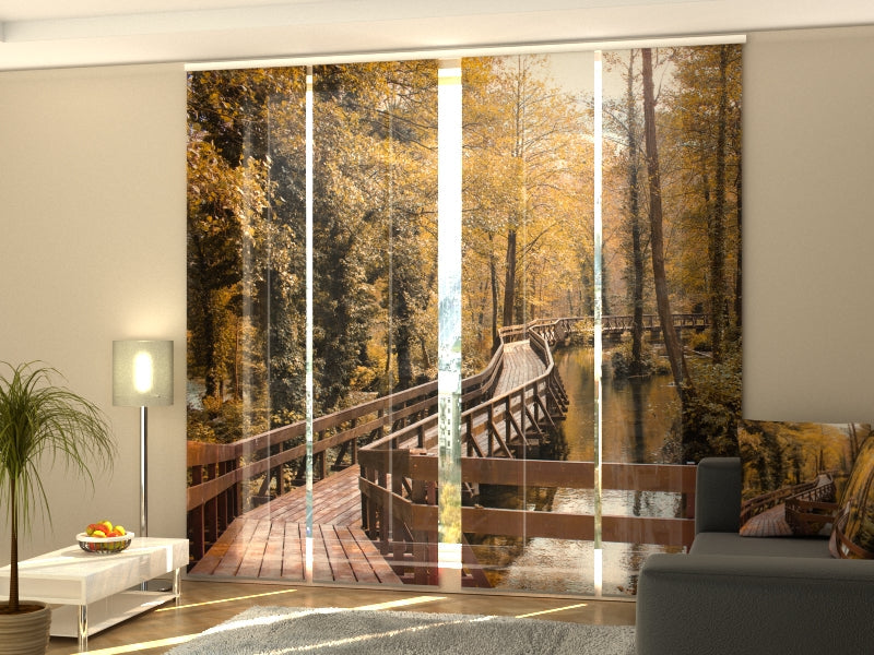 Set of 4 Panel Track Blinds - Bridge in Autumn Forest