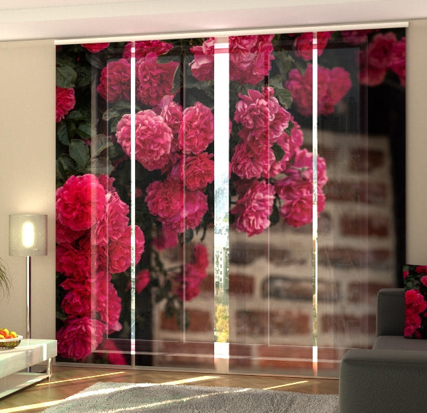 Set of 4 Panel Track Blinds - Bush of Pink Roses on a Brick Wall