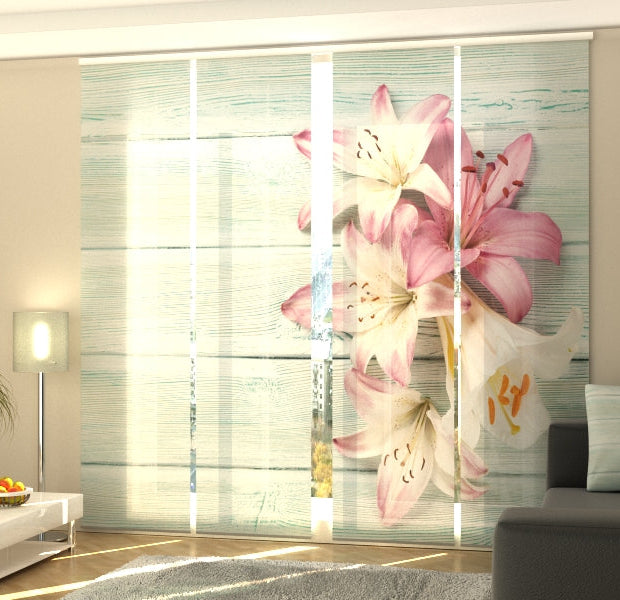 Set of 4 Panel Track Blinds - Colorful Lilies on Wood