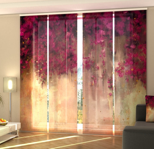 Set of 4 Panel Track Blinds - Drawing of Crimson Flowers on Gold