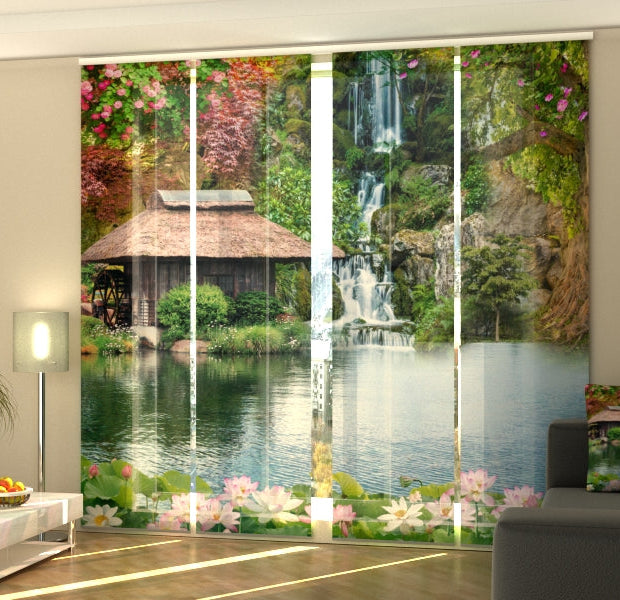 Set of 4 Panel Track Blinds - Eastern Garden with Waterfall