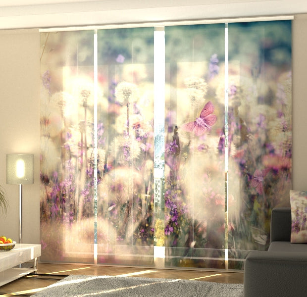 Set of 4 Panel Track Blinds - Fluffy Dandelions and Purple Butterflies