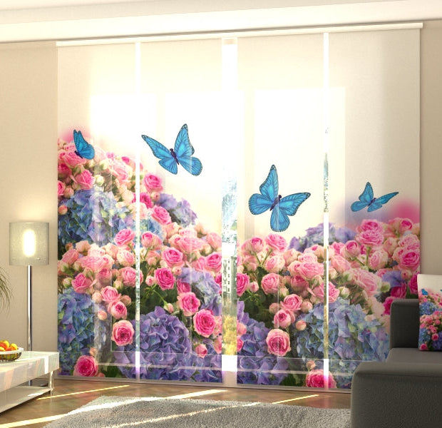 Set of 4 Panel Track Blinds - Garden Bouquet and Blue Butterflies