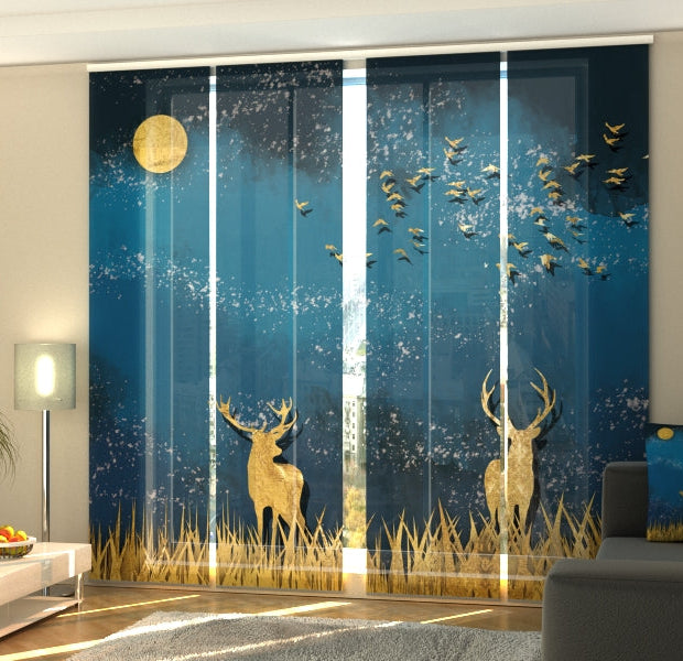Set of 4 Panel Track Blinds - Golden Deer in the Dark Blue Night