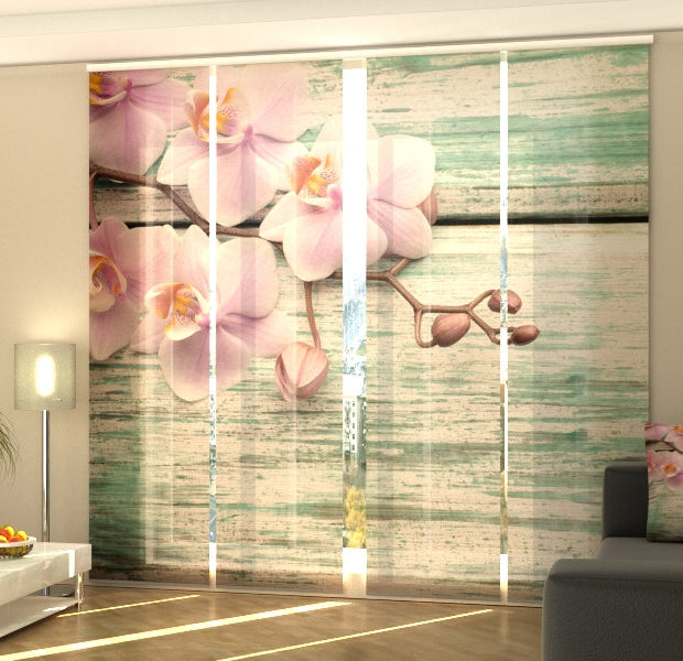Set of 4 Panel Track Blinds - Lovely Orchids on a Old Blue Wood