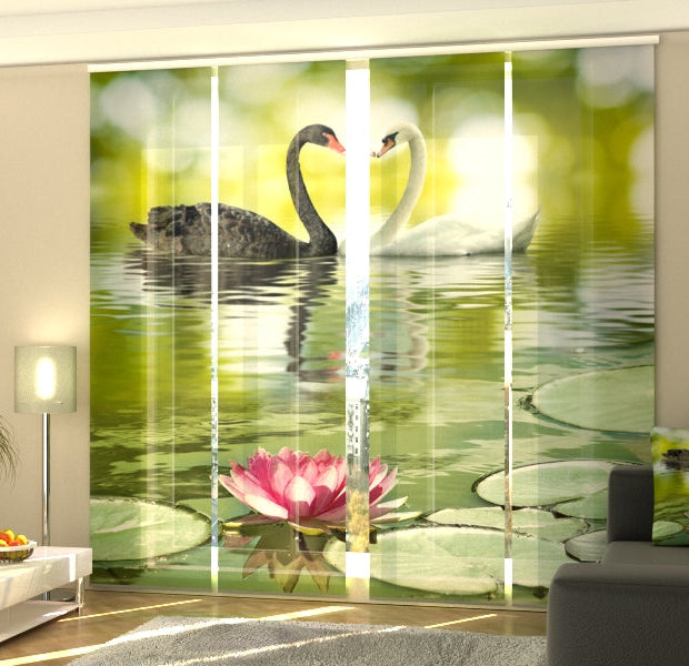 Set of 4 Panel Track Blinds - Black and White Swans